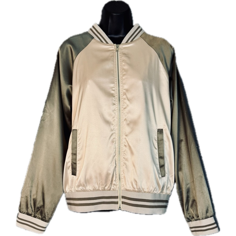 NWT Hem & Thread Bomber Zip Jacket M Pink Brown Colorblock Satin Raglan‎ Sleeve